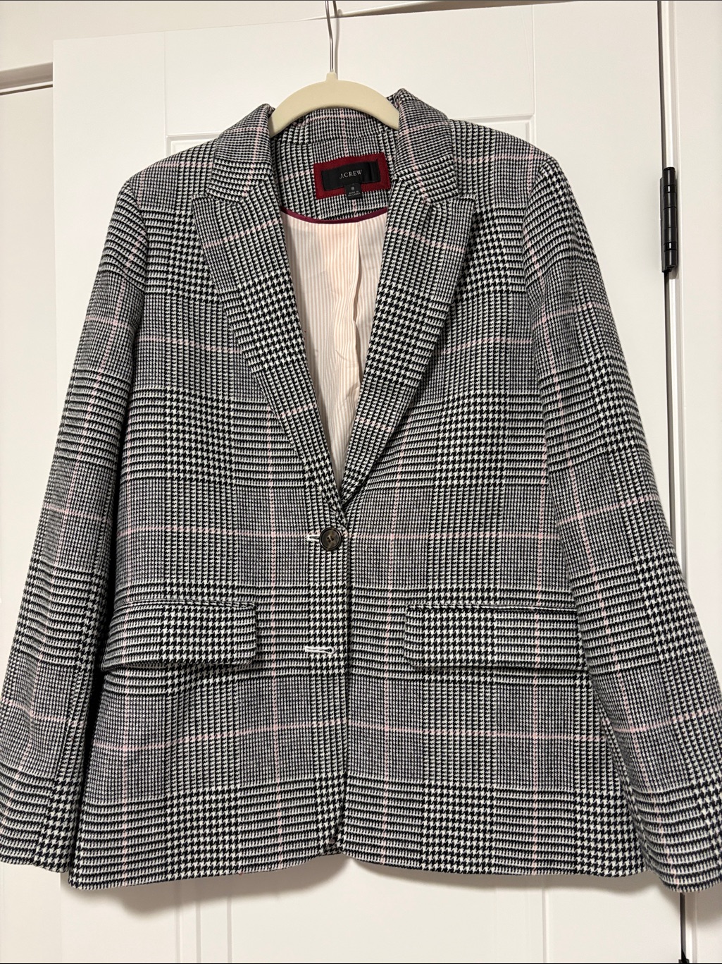 J. Crew Black & White Glen Plaid Blazer With Pink Windowpane